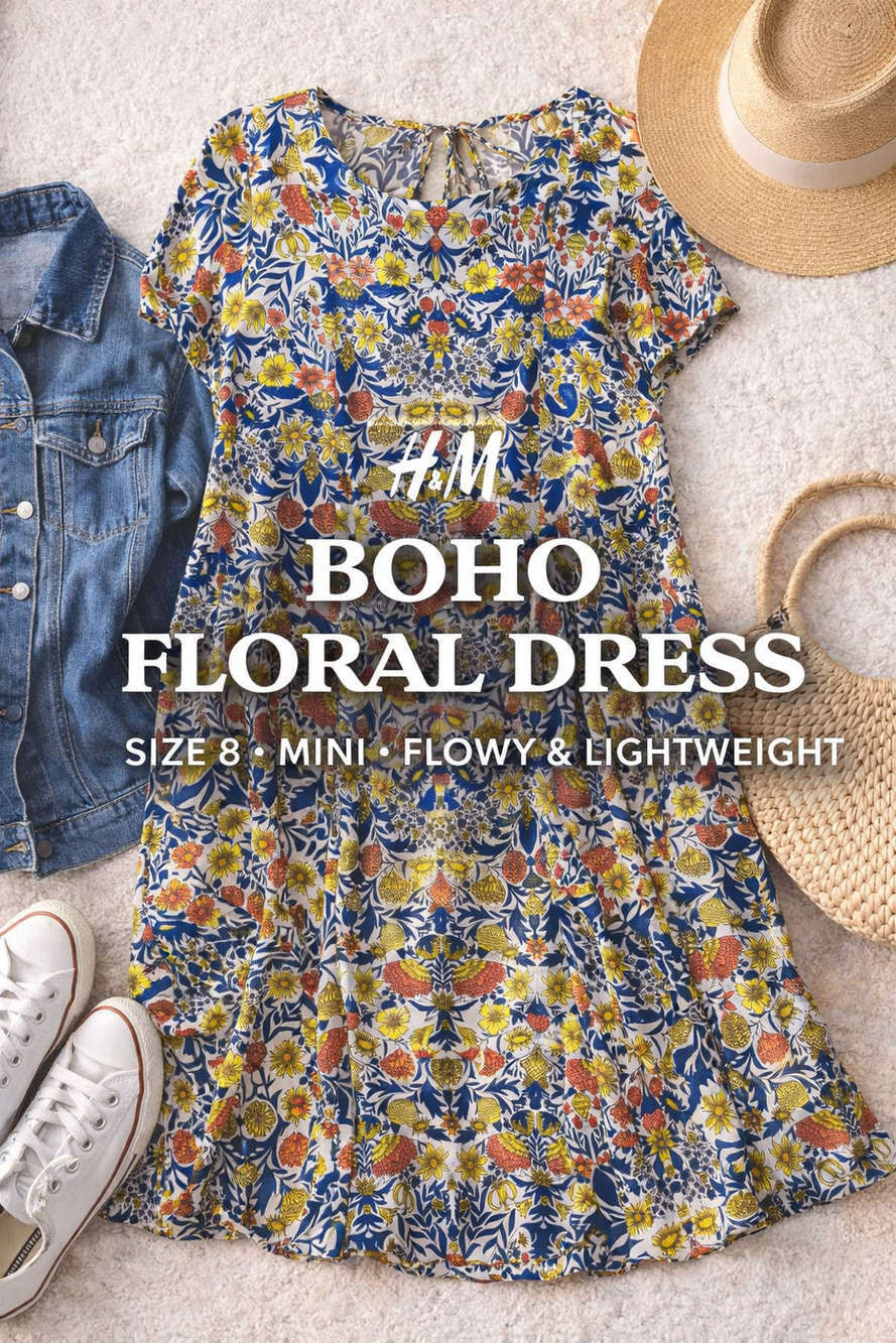 H&M Boho Floral Mini Dress Size 8 Flowy Viscose Shift Dress